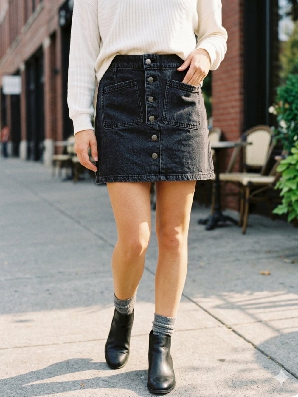 Oat New York Charcoal Gray Button-Front Denim Mini Skirt with Patch Pockets